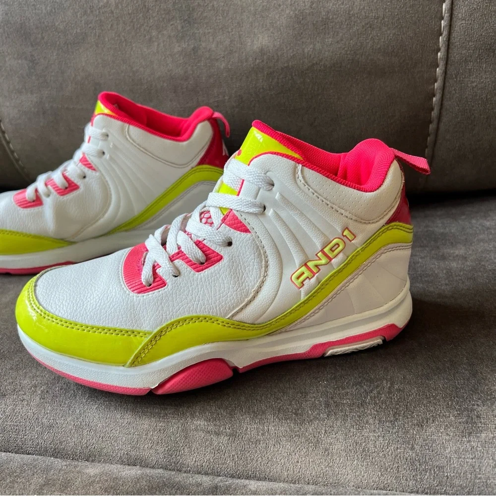 AND1 Kids' White and Neon Yellow/Hot Pink Sneakers‎